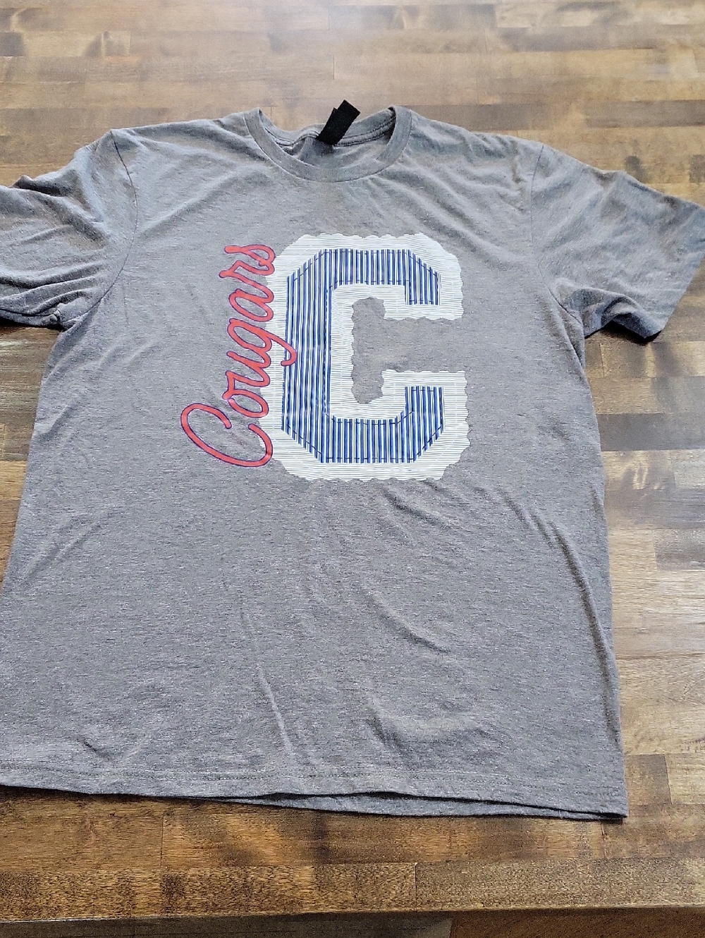 Gildan Gray Tee with Blue & White Striped 'C' and Red 'Cougars' Script
